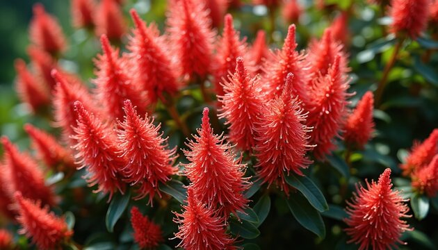 Rauwolfia plant closeup shows red flowers with green leaves. Bright colours in sunny garden. Beautiful tropical blossom in nature for decoration at sunny day. Beauty in nature.