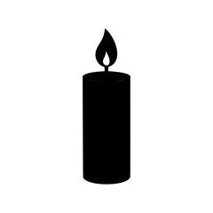 Stylized black candle with a burning flame casting soft illumination, isolated