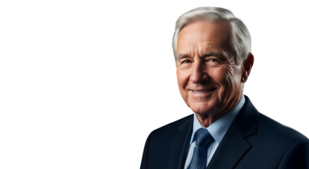 Portrait of a smiling older gentleman in a suit and tie against a transparent background looking forward png 