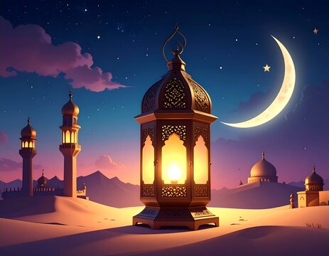 Illuminated ornate lantern against a night desert scene with mosques and moon