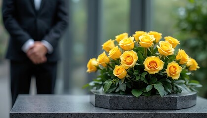 Funeral memorial arrangement with yellow roses displayed near person in suit. Respectful symbol for mourning events. Floral tribute design for commemoration of loss end of life. Condolences