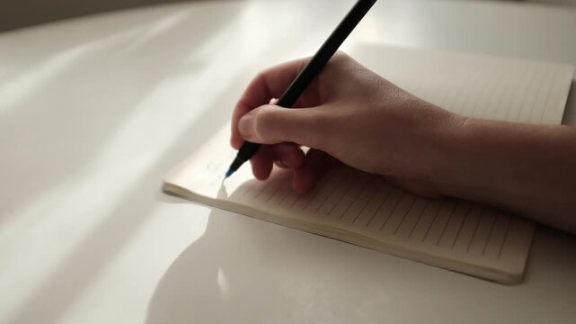 Hand writing journaling. Beautiful light slow motion video. Gratitude journal, mental self care, mindfulness, self reflection, creatine writing. Concept of education, self planning, to do list.