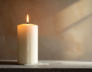 Illuminated pillar candle on a ledge with light and shadow on textured wall