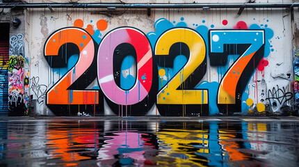 Obraz premium Vibrant 2027 graffiti artwork mural on wet reflective urban wall announcing new year