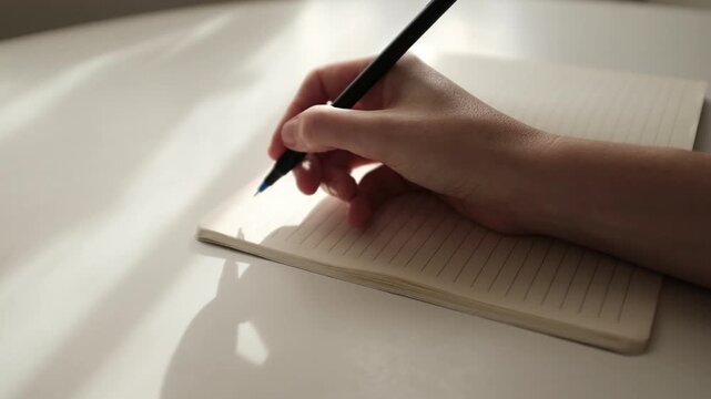 Hand writing journaling. Beautiful light slow motion video. Gratitude journal, mental self care, mindfulness, self reflection, creatine writing. Concept of education, self planning, to do list.