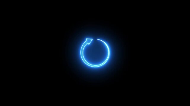 Motion graphic animation of neon arrow is turning around. Refresh button, circle arrow repeat, Reload icon 3d animation. Neon refresh icon Glowing neon line Refresh icon isolated on black background.