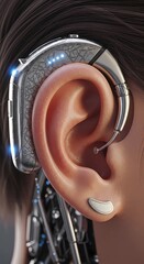 Closeup of a futuristic hearing aid attached to a persons ear with metal components