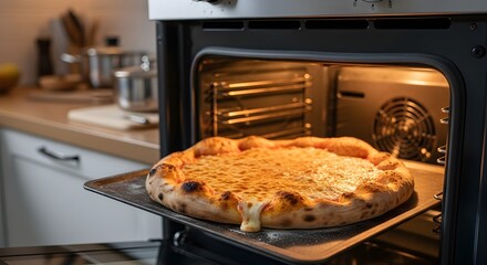 A delicious homemade pizza is baking in the convection oven.