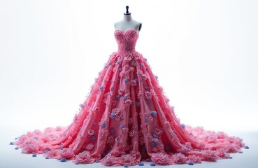 Naklejka premium Elegant pink ball gown on mannequin isolated on white studio background. Strapless dress features long train, 3D floral appliques. Luxury couture garment for prom gala fairytale wedding. Beautiful