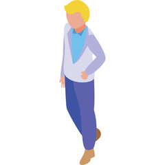 Full Body Isometric View of a Blond Haired Person in Formal Attire with Light Blue Shirt and Lavender Vest and Purple Pants Standing on a Transparent Background