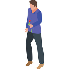 Full Body Isometric View Of A Man Holding A Single Red Rose With A Transparent Background