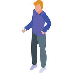 Full Body Isometric View Of A Man With Blonde Hair Wearing A Blue Long Sleeve Shirt And Dark Pants Checking His Watch With A White Background