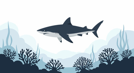 Obraz premium Solitary Shark Navigating Over A Tranquil Coral Reef