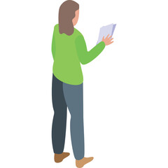 Full Body Isometric View of a Woman in Green Long Sleeve Shirt and Blue Jeans Holding a White Paper Document Against a Transparent Background