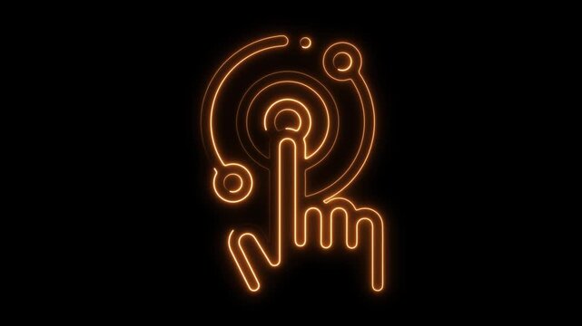 Dynamic orange neon hand tapping holographic interface, futuristic technology concept, motion graphics element, energy and interactivity for modern designs