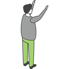 Full Body View Of A Person In A Gray Sweater And Green Pants Reaching Upwards With Both Hands Isolated On A White Background