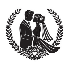 Romantic Wedding Couple Silhouette with Floral Wreath Design.