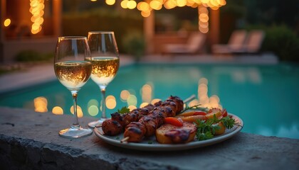 Two glasses of sparkling white wine, delicious grilled skewers with fruit perfectly placed next to relaxing pool. Warm fairy lights glow softly in blurred background. Creates romantic, luxury outdoor