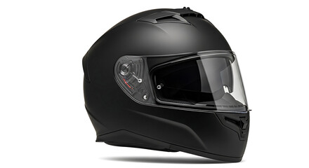 Sleek matte black full-face motorcycle helmet with a clear visor, offering essential head protection and comfort for riders, professionally isolated on a clean white background