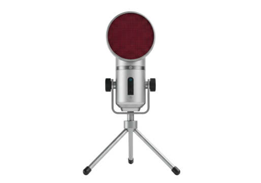 Isolated Microphone on Tripod, silver metal, red wire mesh, podcasting, recording studio use