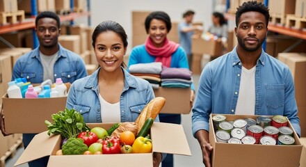 Group people volunteers holds box with donated food, clothes, and hygiene items. Charity and humanitarian assistance. Social support and community help concept