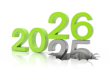 3d render of the numbers 2026 and 25 and 25 in green over white reflecting background. The number 26 falls on the number 25 and breaks in it in the ground - vacation concept.