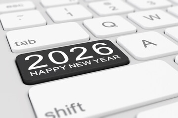 3d render of a white keyboard with a black key and the inscription 2026 - happy new year - represents the new year 2026 - vacation concept.