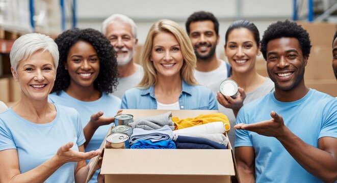 Group people volunteers holds box with donated food, clothes, and hygiene items. Charity and humanitarian assistance. Social support and community help concept