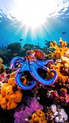Vibrant Octopus in a Coral Reef