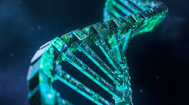 3D rendered DNA helix structure with blue-green glow — biotechnology and genetic research concept - Powered by Adobe