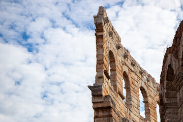 Exterior walls of the Arena di Verona, Italy - a well-preserved Roman amphitheater with massive...