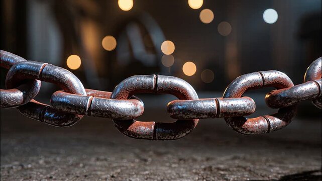 Zoom-in on a heavy metal chain in an industrial setting, symbolizing strong connections, unity, and resilience in a powerful visual concept of interdependence.
