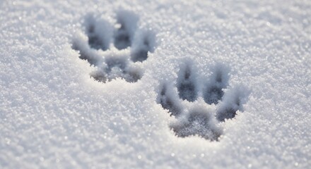 Animal paw prints in fresh snow during winter outdoors  