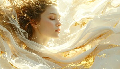 Woman in White Fabric with Golden Shimmer