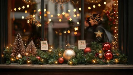 Festive christmas decorations, price tags, and magical lights adorn a shop window display, creating a warm and inviting atmosphere on a winter night