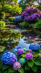Vibrant Peacock in Misty Garden with Hydrangeas