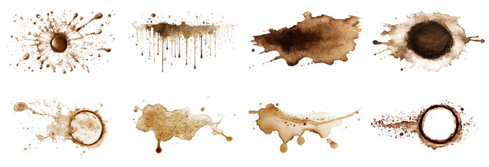 Discover a collection of isolated coffee stains on a white background, ideal for creative projects, graphic design, or artistic applications.