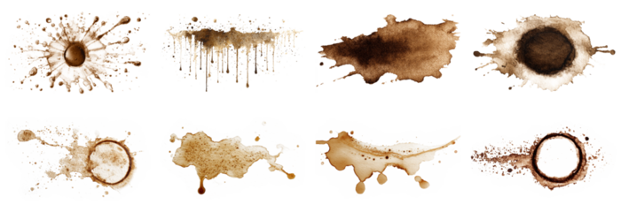 Discover a collection of isolated coffee stains on a white background, ideal for creative projects, graphic design, or artistic applications.