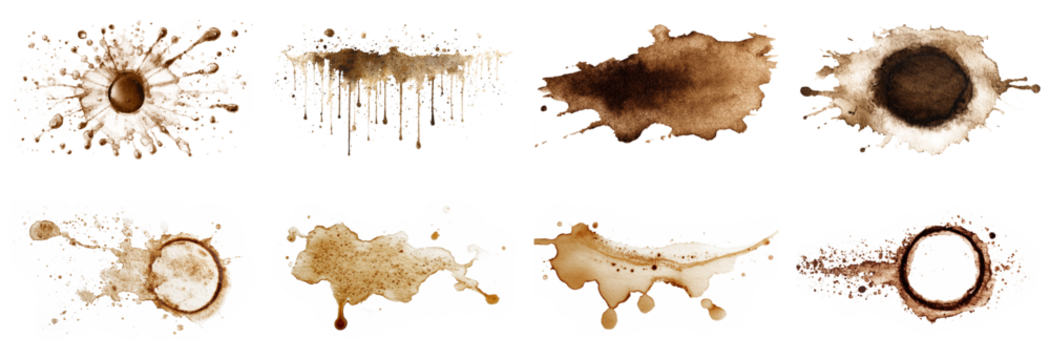 Discover a collection of isolated coffee stains on a white background, ideal for creative projects, graphic design, or artistic applications.