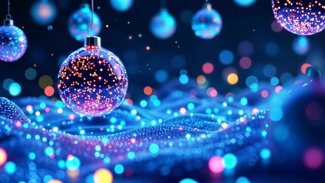 Glowing glass baubles filled with sparkling lights hanging over a blue, shimmering, wavy surface