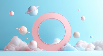 A minimalist background. A pink ring frame against a blue sky with pastel planets and soft clouds.