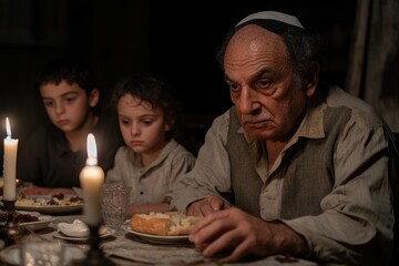 Old man sitting at table with his grandchildren in the background at night