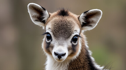 Adorable baby antelope with big, soulful eyes and fluffy fur, a heartwarming and tender animal portrait perfect for wildlife conservation campaigns