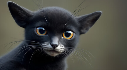 Adorable black kitten with striking amber eyes looking directly at you, a captivating portrait of feline charm and playful innocence, perfect for heartwarming designs