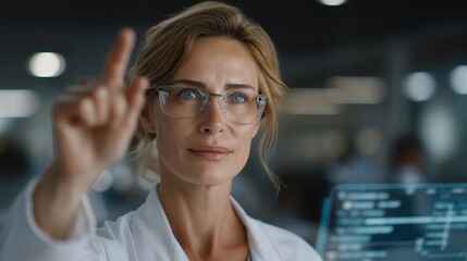 Robotic doctor reviewing digital medical charts on holographic displays, emotion of determination and responsibility shown, symbolizing data-driven treatment, electronic health record integration,