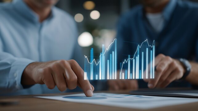 Executives discussing projected growth curves and investment opportunities using floating holographic dashboards with transparent charts in modern office, representing futuristic financial planning