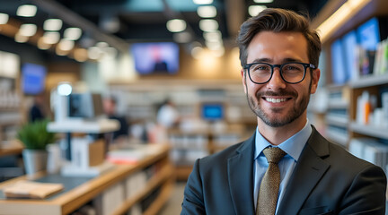 Confident young professional with a warm smile, wearing glasses and a suit in a modern office setting, projecting success and approachable leadership