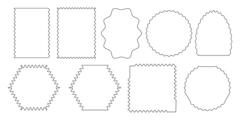 A set of black linear frames with wavy edges. Scalloped edges with a combined pattern. Curved frames. Vector.