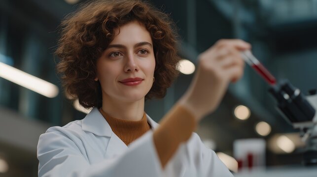 Scientist examining blood samples through augmented reality interface, displaying holographic data, with expressive curiosity and concentration, symbolizing high-tech medical research and - Powered by Adobe