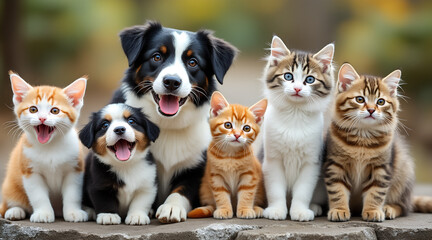 Adorable puppies and kittens gather for a heartwarming group portrait, exuding pure joy and playful innocence in a natural outdoor setting